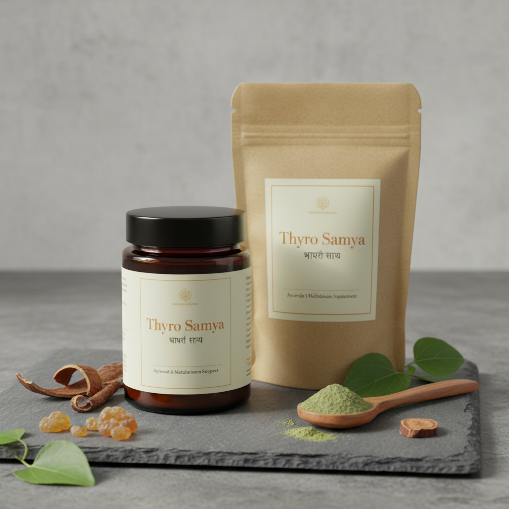 Thyro Samya herbal powder in dark glass jar with kanchanar bark and brahmi leaves on grey slate surface