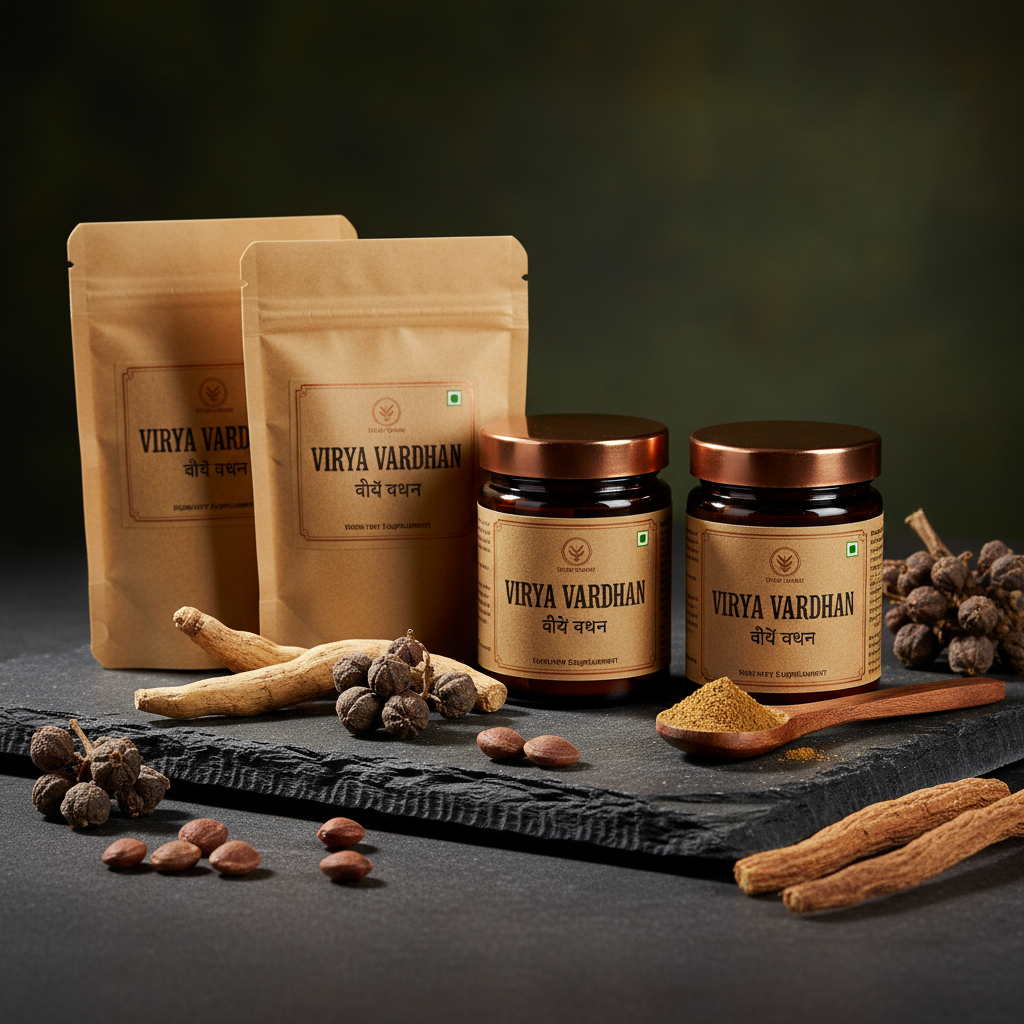 Virya Vardhan herbal powder in dark amber glass jar with ashwagandha root and gokshura berries on dark slate surface