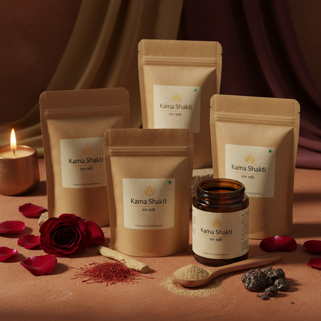Kama Shakti herbal powder in dark glass jar with rose petals and saffron on terracotta surface