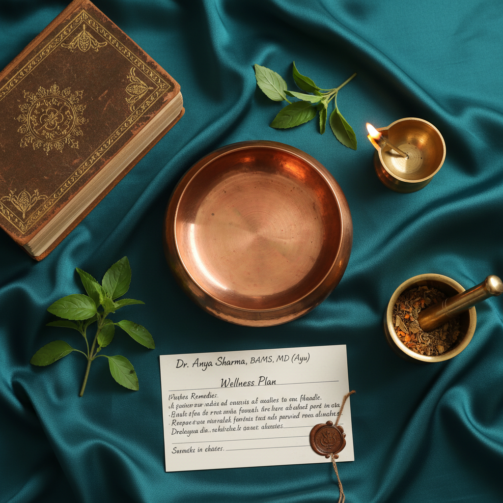 Ayurvedic consultation setup with copper pulse bowl, brass diya and traditional texts on teal silk surface