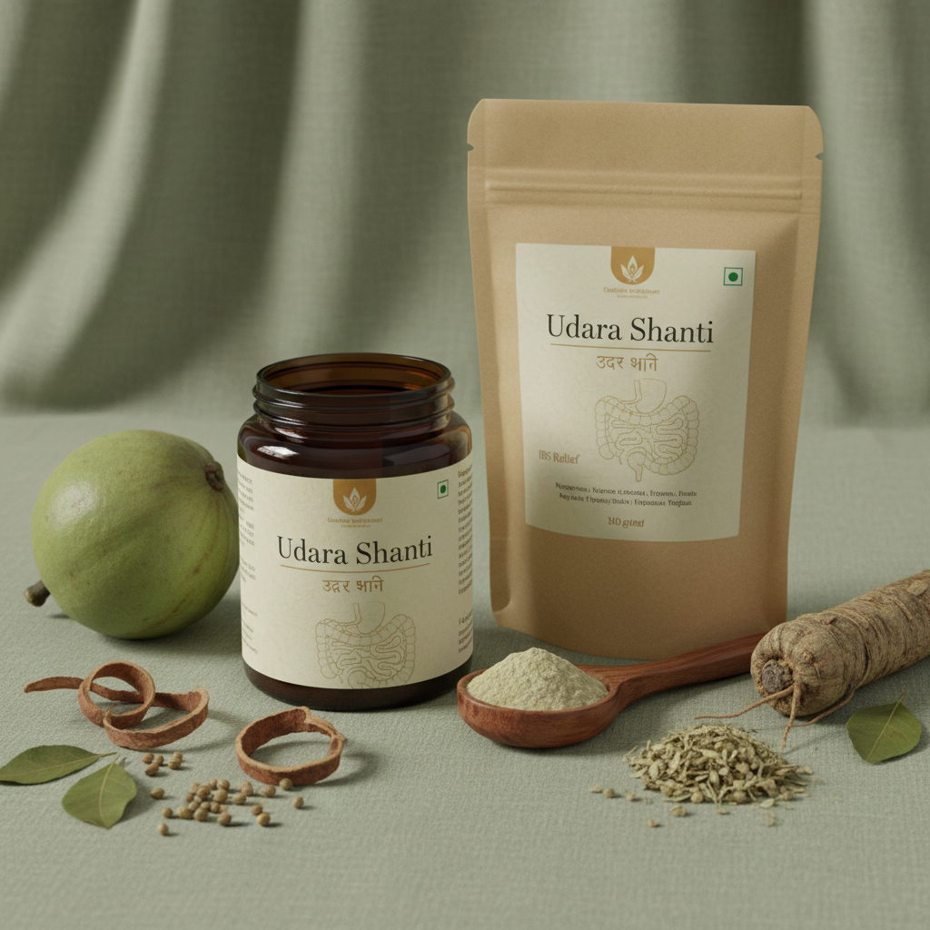 Udara Shanti herbal powder in dark glass jar with bilva fruit and coriander seeds on soft sage green linen surface