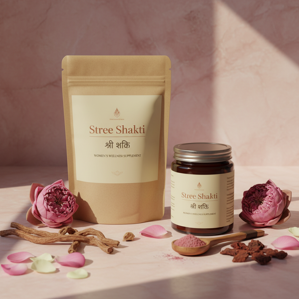 Stree Shakti herbal powder in dark glass jar with rose petals and lotus flowers on pink marble surface
