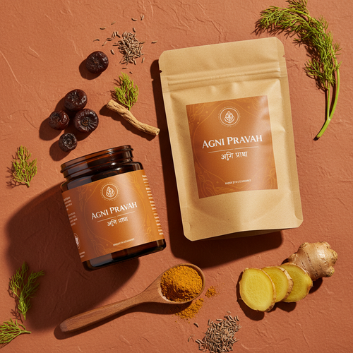 Agni Pravah herbal powder in dark glass jar with triphala berries, ajwain seeds and fennel on warm terracotta surface