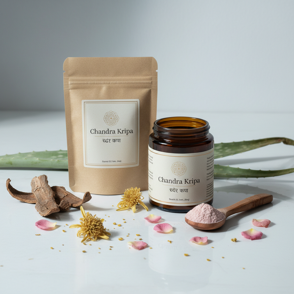 Chandra Kripa herbal powder in dark glass jar with ashoka bark and nagkesar flowers on moonstone white surface